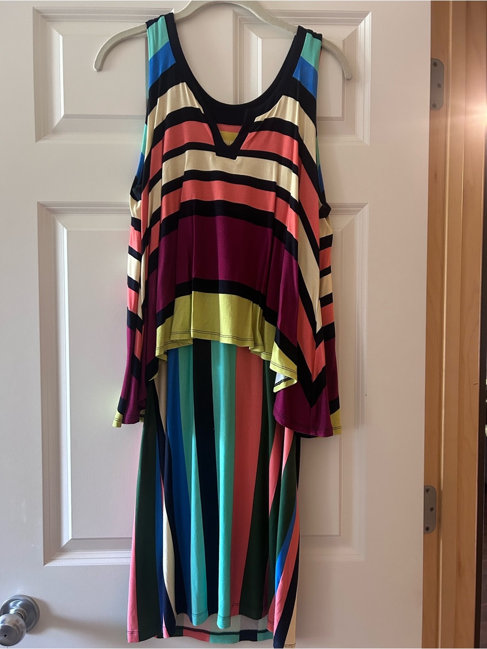 Maeve Multicolor Striped Midi Dress with Black Trim